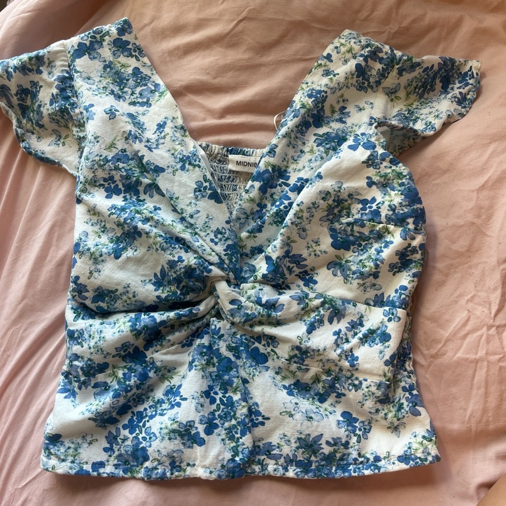 White and Blue Tie Front Cap Sleeve Blouse